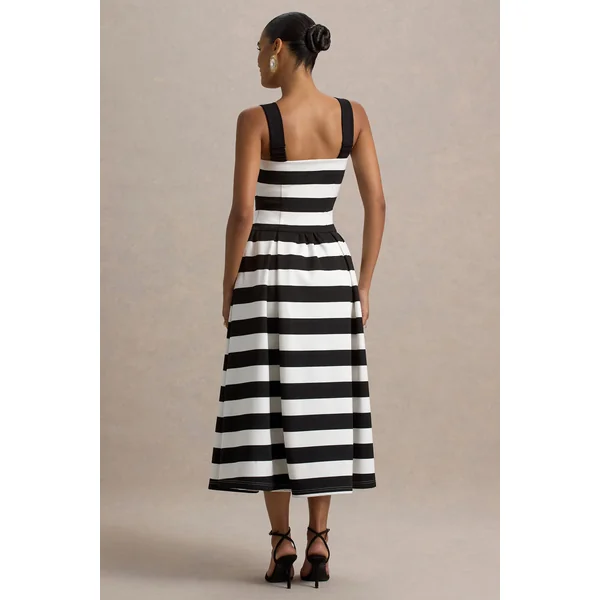 Monte Carlo | Robe mi-longue à rayures noires et blanches encolure carrée et taille basse