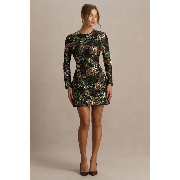 Moonlit | Mini-robe à encolure ras-du-cou en tulle à sequins motif floral d’hiver
