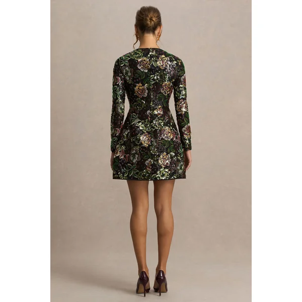 Moonlit | Mini-robe à encolure ras-du-cou en tulle à sequins motif floral d’hiver
