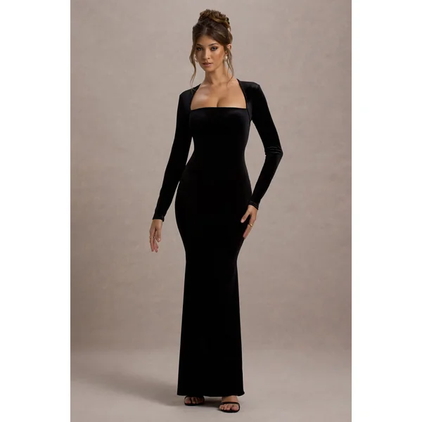 Morana | Robe longue à manches longues et décolleté carré en velours noir