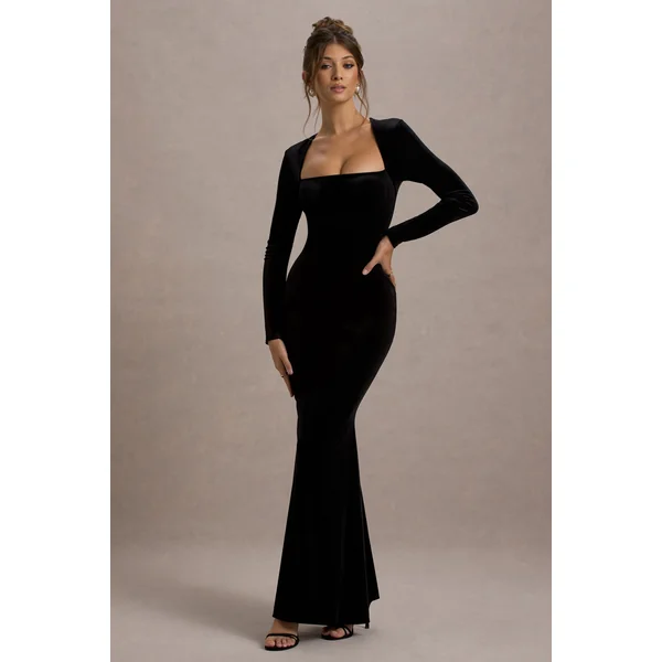 Morana | Robe longue à manches longues et décolleté carré en velours noir