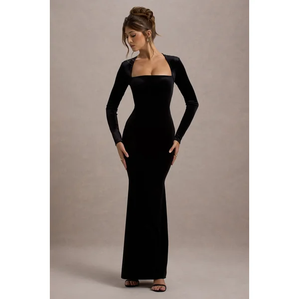 Morana | Robe longue à manches longues et décolleté carré en velours noir