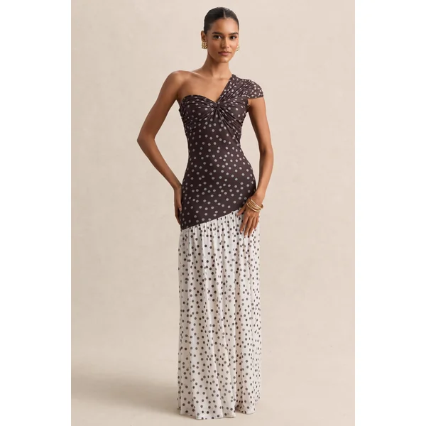 Motira | Robe longue marron à pois à encolure asymétrique avec taille basse asymétrique