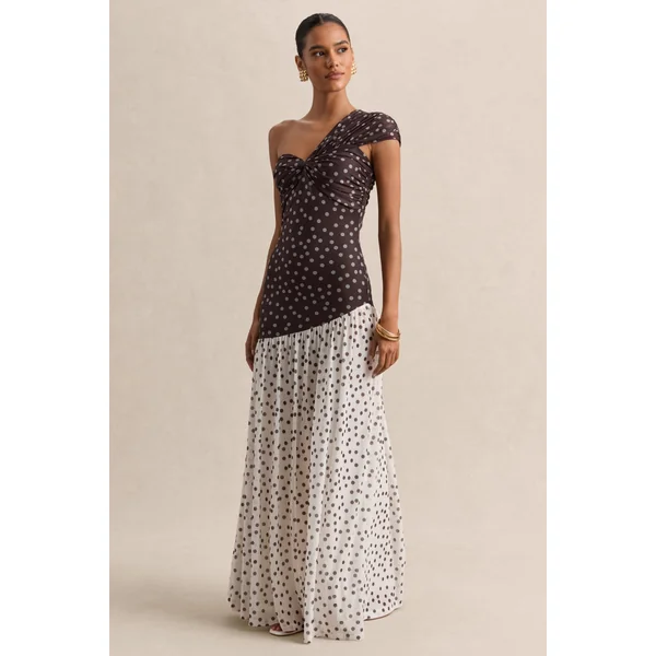 Motira | Robe longue marron à pois à encolure asymétrique avec taille basse asymétrique