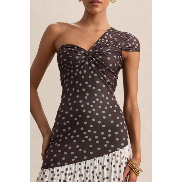 Motira | Robe longue marron à pois à encolure asymétrique avec taille basse asymétrique