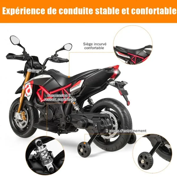 Moto Electrique pour Enfants 12V avec Lumières LED Musique MP3 Roues Antidérapantes 37-95 mois