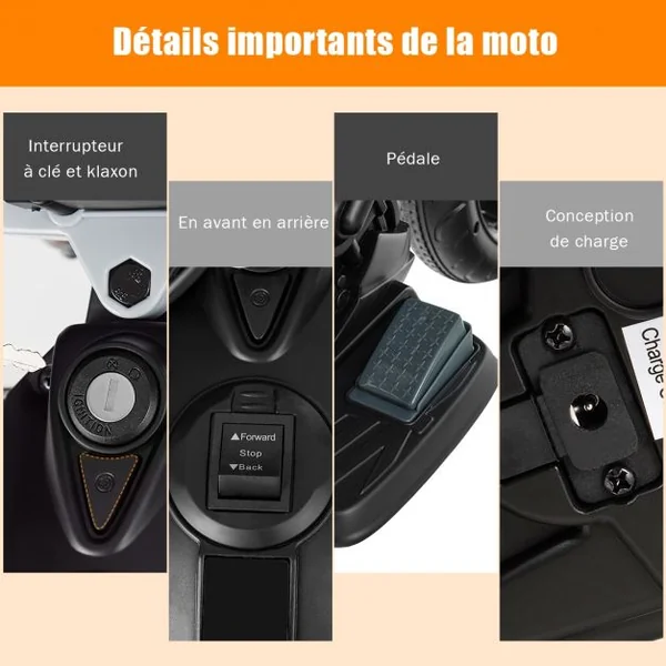 Moto Electrique pour Enfants 12V avec Lumières LED Musique MP3 Roues Antidérapantes 37-95 mois