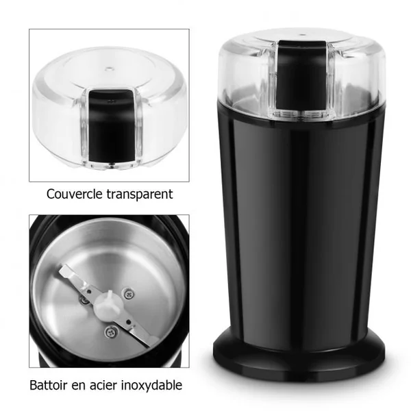 Moulin à Café Electrique 150W Broyeur à Café pour Grains à Moudre Lames en Acier Inoxydable, 11,7x10x19,1cm, Noir