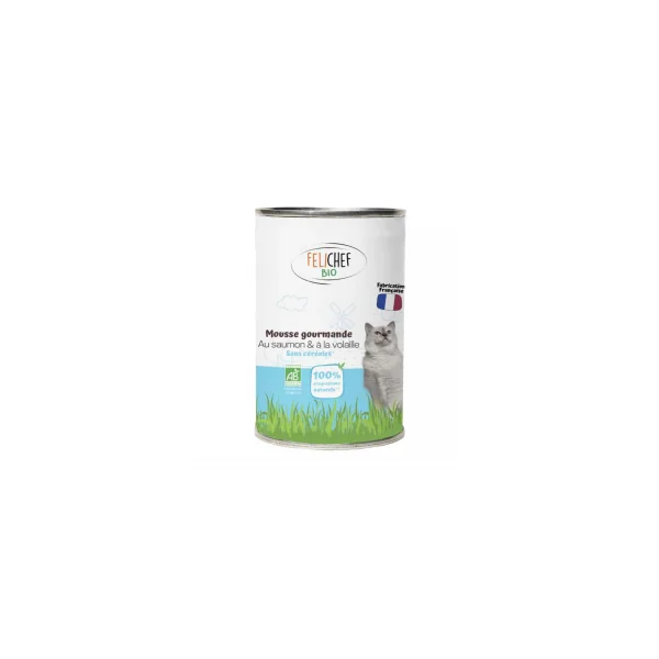 Mousse gourmande pour chat au saumon et à la volaille - 400g