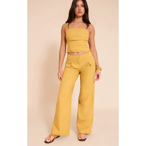 Moutarde Pantalon Droit Taille Mi-haute En Tissu Tissé
