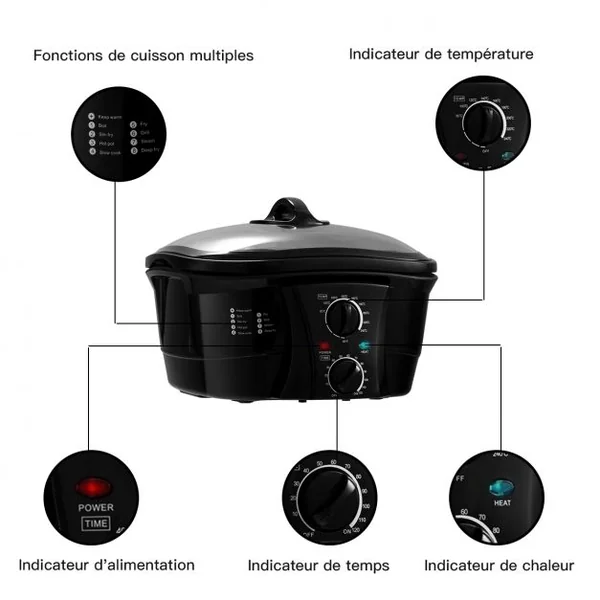 Multi-cuiseur Électrique 8 en 1 Autocuiseur Multifonction 1500W Antiadhésive avec Accessoires Capacité 5L Noir