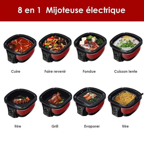 Multi-Cuiseur Électrique 8 en 1 Mijoteuse Multifonction 1500w Fond Antiadhésif Capacité 5 L 335x335x27cm Rouge