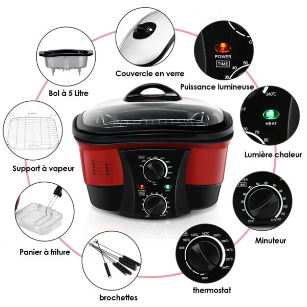 Multi-Cuiseur Électrique 8 en 1 Mijoteuse Multifonction 1500w Fond Antiadhésif Capacité 5 L 335x335x27cm Rouge