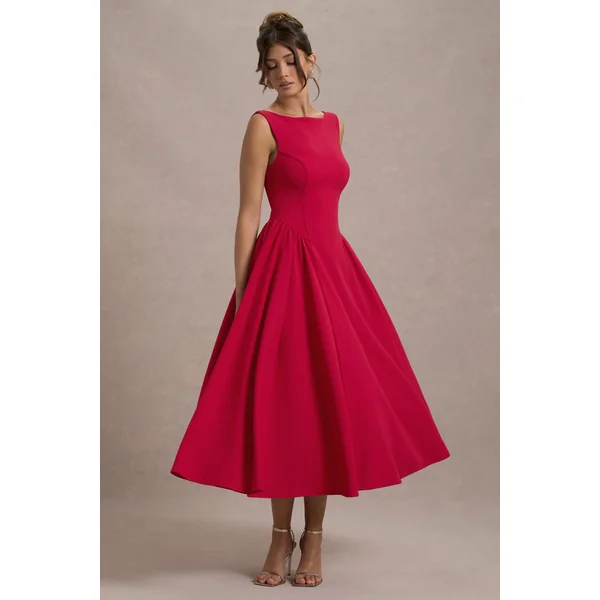 Muriel | Robe mi-Longue rouge à encolure bateau et ourlet volumineux