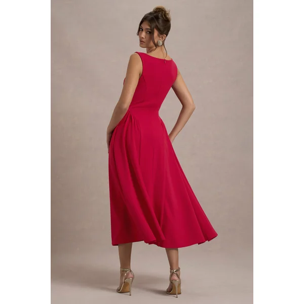 Muriel | Robe mi-Longue rouge à encolure bateau et ourlet volumineux