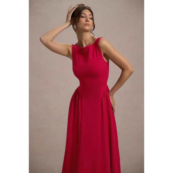Muriel | Robe mi-Longue rouge à encolure bateau et ourlet volumineux