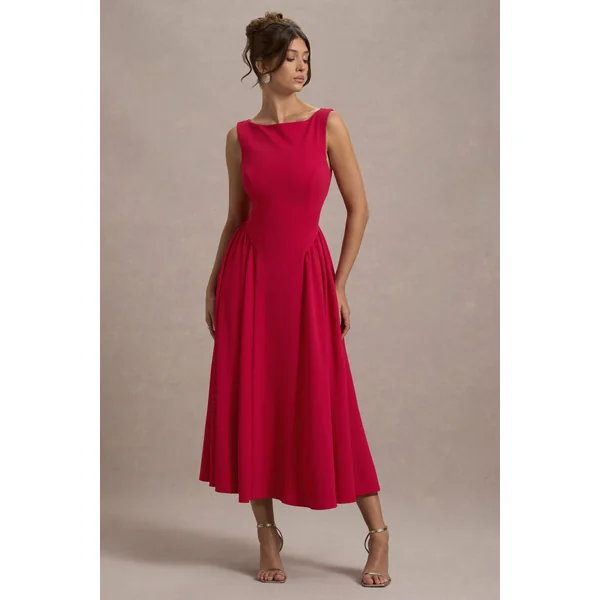 Muriel | Robe mi-Longue rouge à encolure bateau et ourlet volumineux