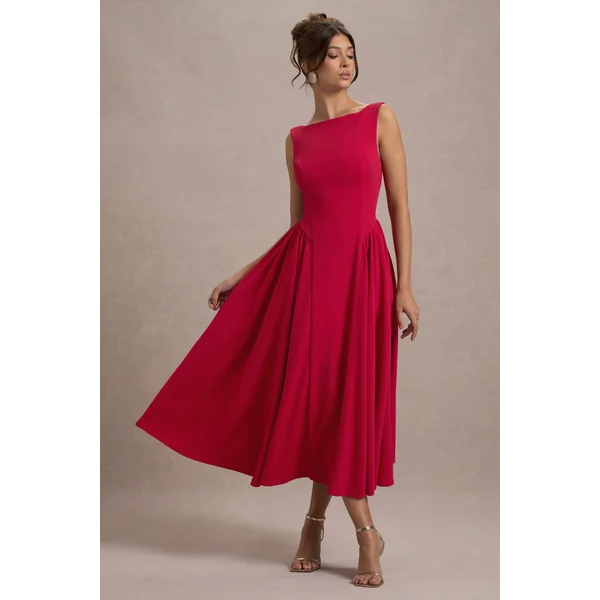 Muriel | Robe mi-Longue rouge à encolure bateau et ourlet volumineux