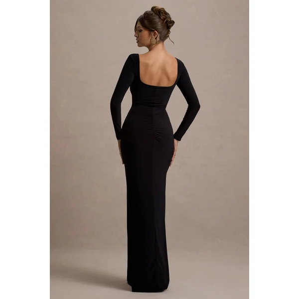 My Pleasure | Robe longue noire froncee a encolure carree