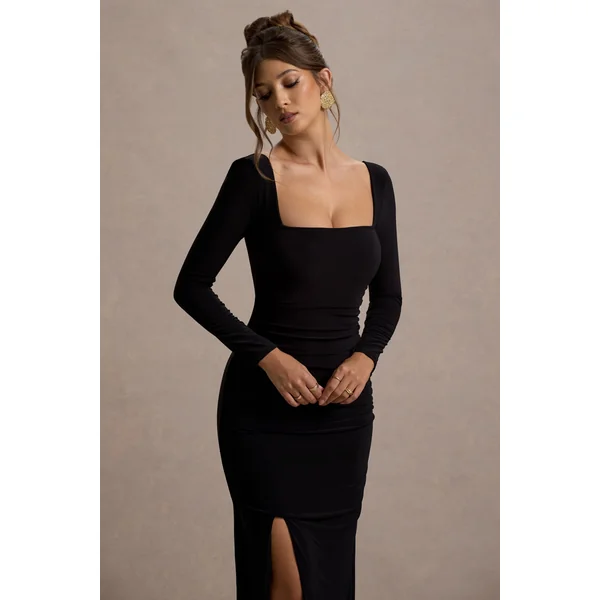My Pleasure | Robe longue noire froncee a encolure carree