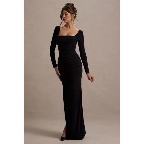 My Pleasure | Robe longue noire froncee a encolure carree