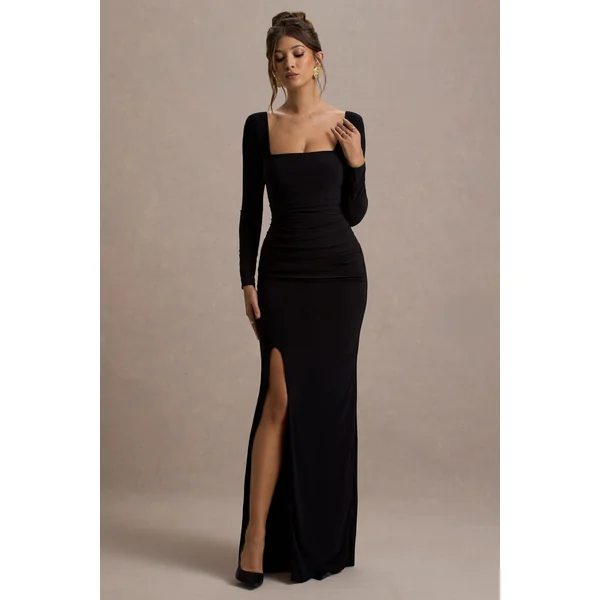 My Pleasure | Robe longue noire froncee a encolure carree