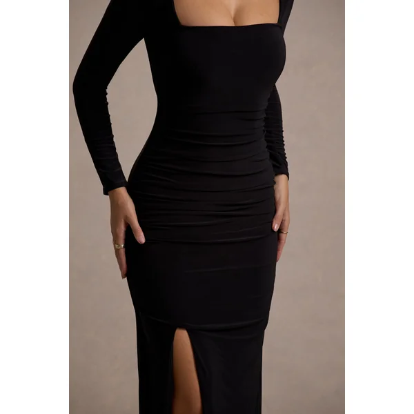My Pleasure | Robe longue noire froncee a encolure carree