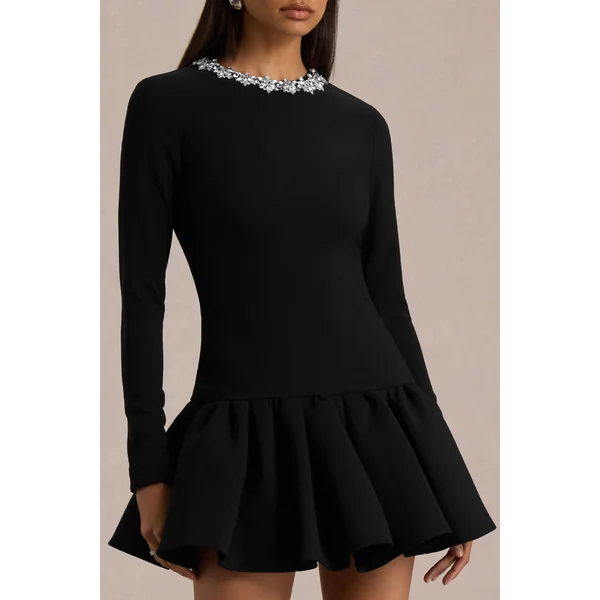 My Wish | Mini-robe noire à col montant orné et taille tombante