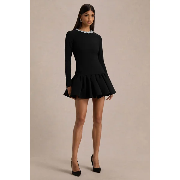 My Wish | Mini-robe noire à col montant orné et taille tombante