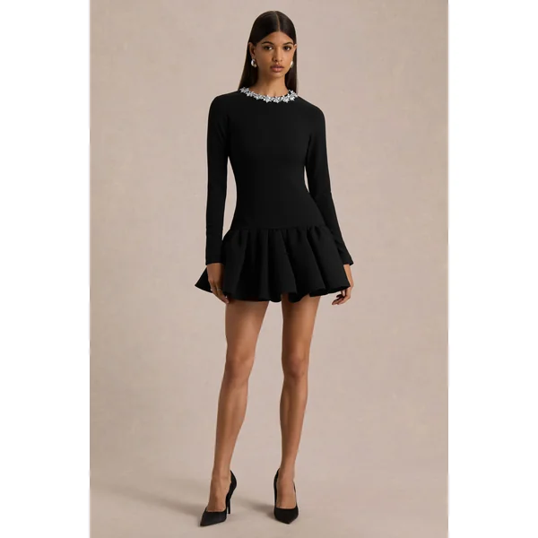 My Wish | Mini-robe noire à col montant orné et taille tombante