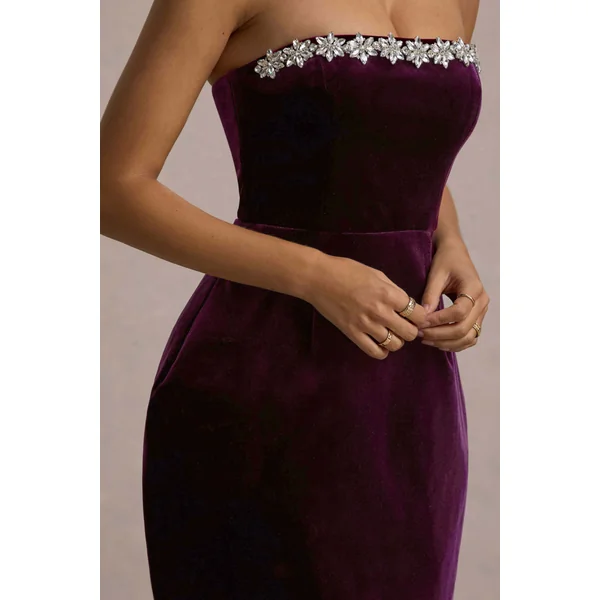 Naia | Mini-Robe Bandeau en Velours Violet Ornée