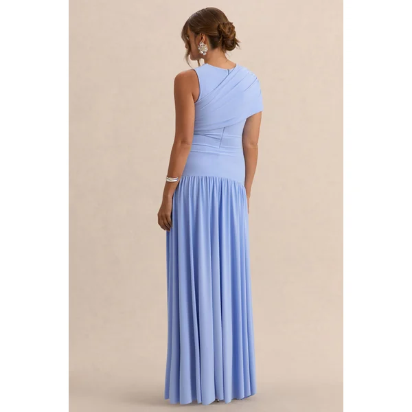 Naida | Robe longue de maternité bleu clair à encolure ronde avec détails drapés