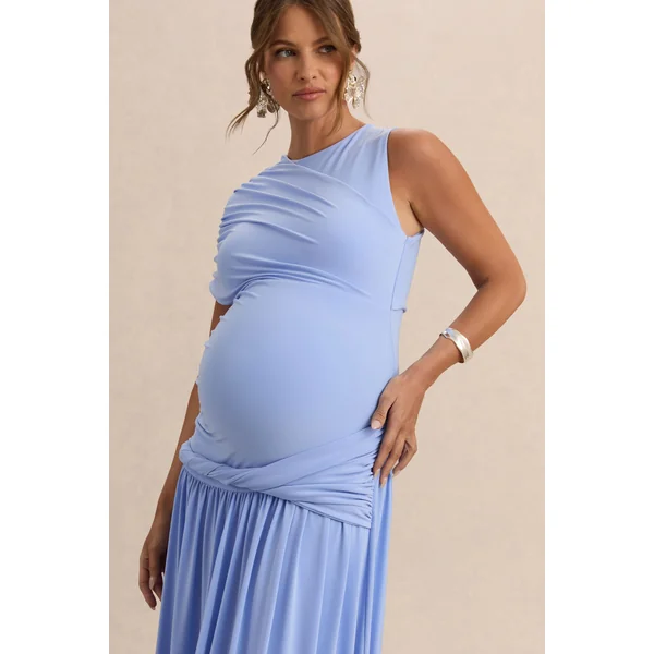 Naida | Robe longue de maternité bleu clair à encolure ronde avec détails drapés