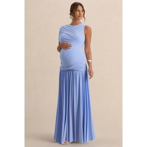 Naida | Robe longue de maternité bleu clair à encolure ronde avec détails drapés
