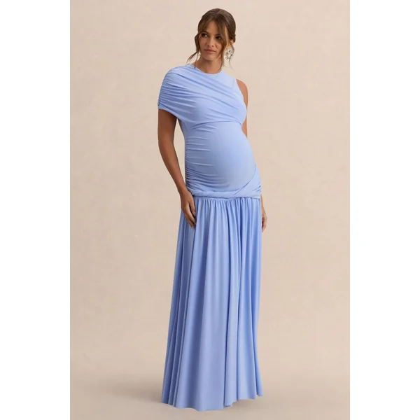 Naida | Robe longue de maternité bleu clair à encolure ronde avec détails drapés