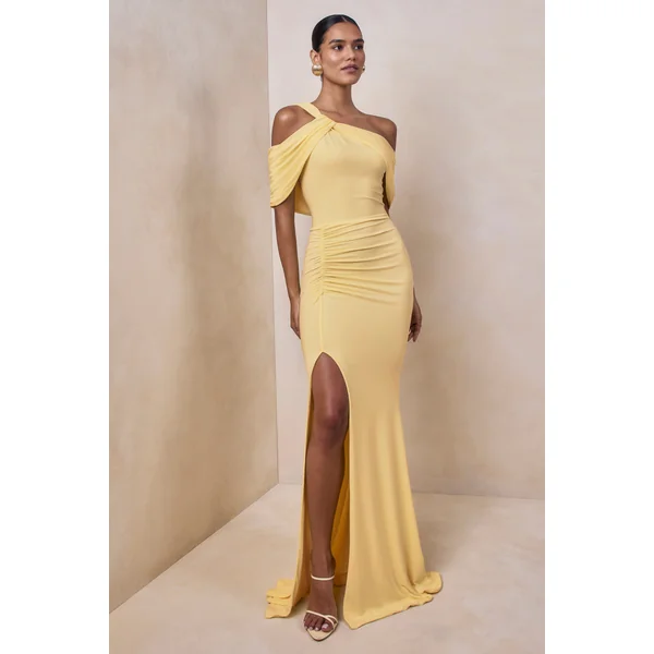 Nala | Robe longue à encolure asymétrique citron avec détails froncés