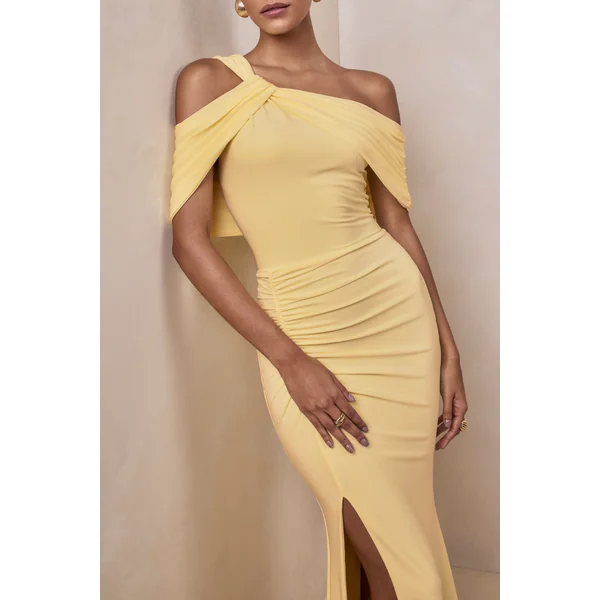 Nala | Robe longue à encolure asymétrique citron avec détails froncés