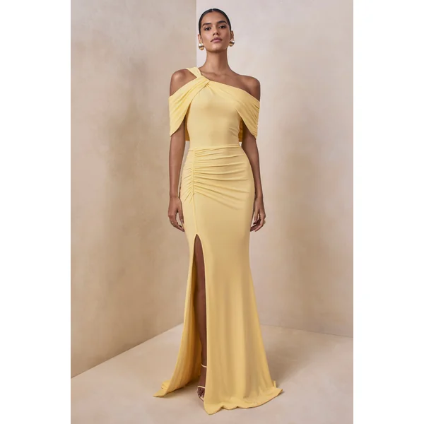 Nala | Robe longue à encolure asymétrique citron avec détails froncés