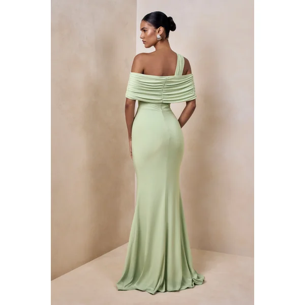 Nala | Robe longue à encolure asymétrique menthe avec détails froncés