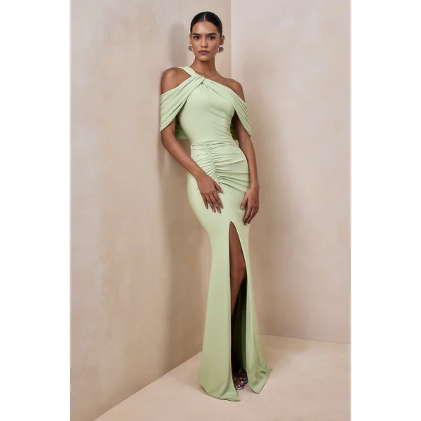 Nala | Robe longue à encolure asymétrique menthe avec détails froncés