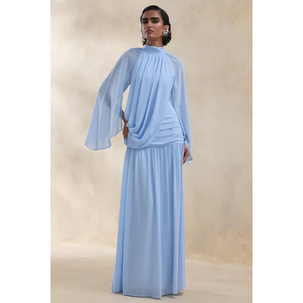 Narella | Robe longue bleue en chiffon à encolure haute avec détails drapés