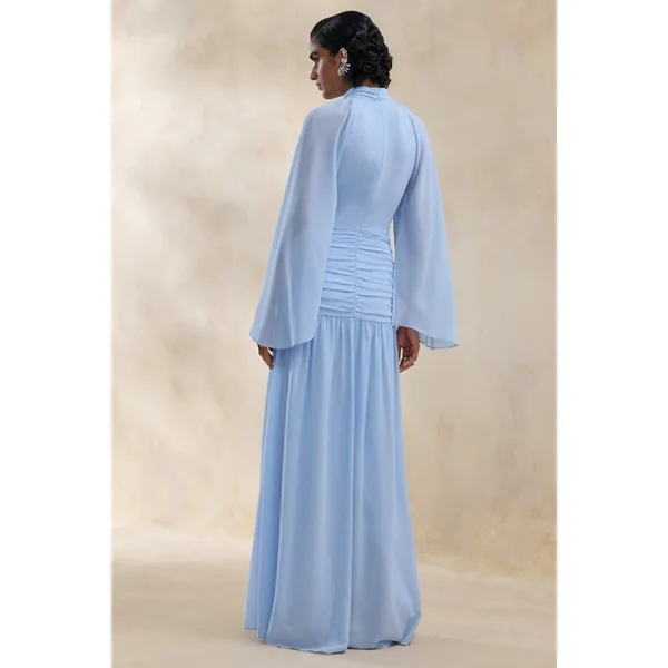 Narella | Robe longue bleue en chiffon à encolure haute avec détails drapés