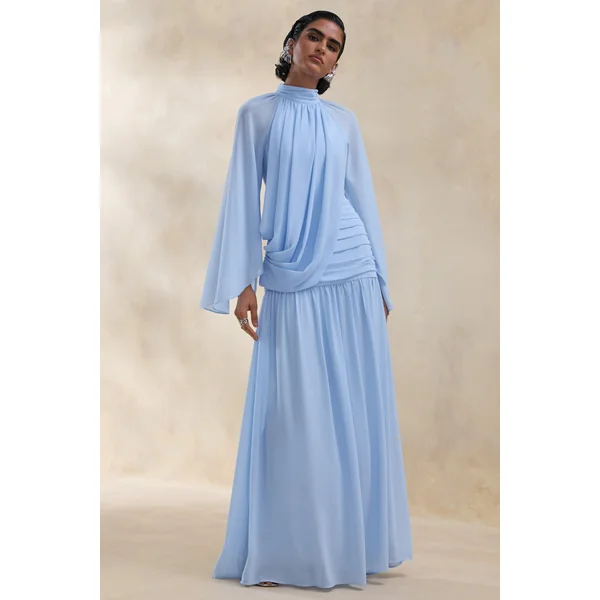 Narella | Robe longue bleue en chiffon à encolure haute avec détails drapés