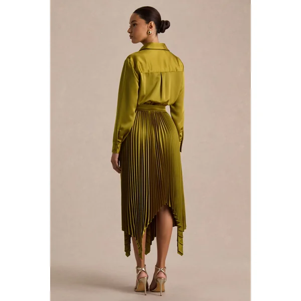 Naxos | Robe chemise longue en satin couleur olive