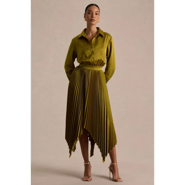 Naxos | Robe chemise longue en satin couleur olive