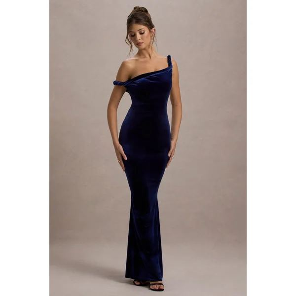 Neeka | Robe Longue Asymétrique en Velours Bleu Marine Torsadée