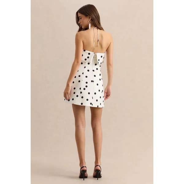 Nelly | Mini-robe blanche à pois noirs à encolure carrée