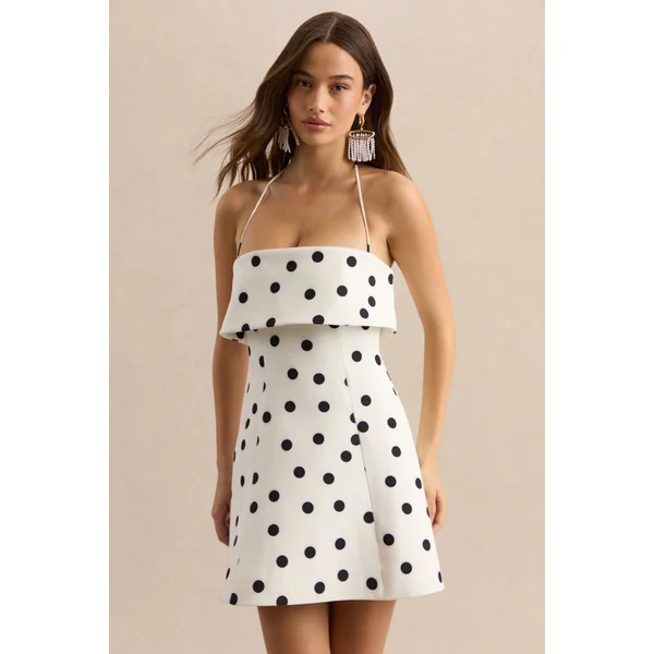 Nelly | Mini-robe blanche à pois noirs à encolure carrée