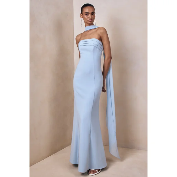 Nerissa | Robe longue bandeau bleu clair avec écharpe