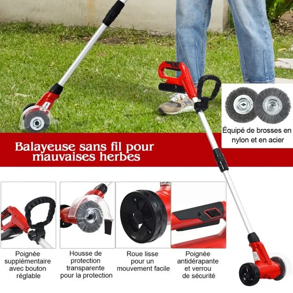 Nettoyeur de Joints sans Fil Manche Télescopique en Aluminium avec 2 Brosses de Travail Batterie Lithium-ion 18V-2Ah